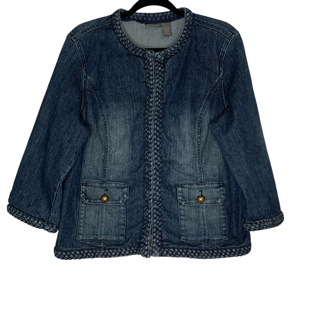 Chico’s Additions acid washed denim‎ jacket with braiding detail. Size L
